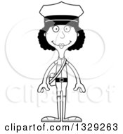 Lineart Clipart Of A Cartoon Black And White Happy Tall Skinny Black Mail Woman Royalty Free Outline Vector Illustration