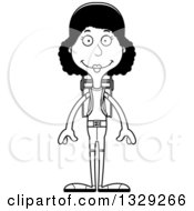 Lineart Clipart Of A Cartoon Black And White Happy Tall Skinny Black Woman Hiker Royalty Free Outline Vector Illustration