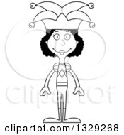 Lineart Clipart Of A Cartoon Black And White Happy Tall Skinny Black Woman Jester Royalty Free Outline Vector Illustration