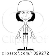 Lineart Clipart Of A Cartoon Black And White Happy Tall Skinny Black Woman Army Soldier Royalty Free Outline Vector Illustration