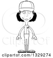 Lineart Clipart Of A Cartoon Black And White Happy Tall Skinny Black Woman Baseball Player Royalty Free Outline Vector Illustration