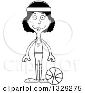Lineart Clipart Of A Cartoon Black And White Happy Tall Skinny Black Woman Basketball Player Royalty Free Outline Vector Illustration