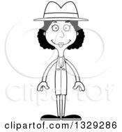 Lineart Clipart Of A Cartoon Black And White Happy Tall Skinny Black Woman Detective Royalty Free Outline Vector Illustration