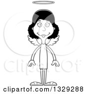 Lineart Clipart Of A Cartoon Black And White Happy Tall Skinny Black Woman Angel Royalty Free Outline Vector Illustration