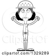 Lineart Clipart Of A Cartoon Black And White Angry Tall Skinny Black Woman Zookeeper Royalty Free Outline Vector Illustration