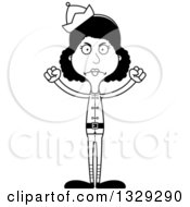 Lineart Clipart Of A Cartoon Black And White Angry Tall Skinny Black Christmas Elf Woman Royalty Free Outline Vector Illustration