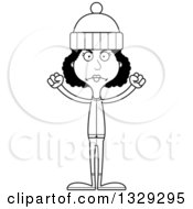 Lineart Clipart Of A Cartoon Black And White Angry Tall Skinny Black Woman In Winter Clothes Royalty Free Outline Vector Illustration