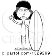 Lineart Clipart Of A Cartoon Black And White Angry Tall Skinny Black Surfer Woman Royalty Free Outline Vector Illustration