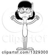 Lineart Clipart Of A Cartoon Black And White Angry Tall Skinny Black Woman In Snorkel Gear Royalty Free Outline Vector Illustration