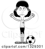 Lineart Clipart Of A Cartoon Black And White Angry Tall Skinny Black Woman Soccer Player Royalty Free Outline Vector Illustration
