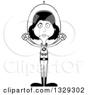 Lineart Clipart Of A Cartoon Black And White Angry Tall Skinny Black Futuristic Space Woman Royalty Free Outline Vector Illustration