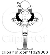 Lineart Clipart Of A Cartoon Black And White Angry Tall Skinny Black Robin Hood Woman Royalty Free Outline Vector Illustration