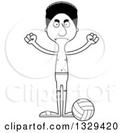 Lineart Clipart Of A Cartoon Black And White Angry Tall Skinny Black Man Beach Volleyball Player Royalty Free Outline Vector Illustration