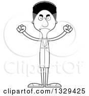 Lineart Clipart Of A Cartoon Black And White Angry Tall Skinny Black Man Doctor Royalty Free Outline Vector Illustration