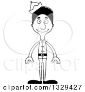 Lineart Clipart Of A Cartoon Black And White Happy Tall Skinny Black Christmas Elf Man Royalty Free Outline Vector Illustration