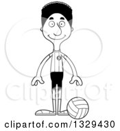Lineart Clipart Of A Cartoon Black And White Happy Tall Skinny Black Man Volleyball Player Royalty Free Outline Vector Illustration