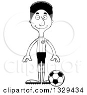 Lineart Clipart Of A Cartoon Black And White Happy Tall Skinny Black Man Soccer Player Royalty Free Outline Vector Illustration