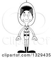 Lineart Clipart Of A Cartoon Black And White Happy Tall Skinny Black Futuristic Space Man Royalty Free Outline Vector Illustration