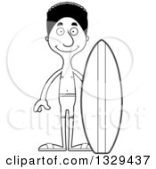 Lineart Clipart Of A Cartoon Black And White Happy Tall Skinny Black Man Surfer Royalty Free Outline Vector Illustration