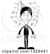 Lineart Clipart Of A Cartoon Black And White Happy Tall Skinny Black Party Man Royalty Free Outline Vector Illustration