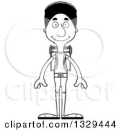 Lineart Clipart Of A Cartoon Black And White Happy Tall Skinny Black Man Hiker Royalty Free Outline Vector Illustration