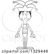 Lineart Clipart Of A Cartoon Black And White Happy Tall Skinny Black Man Jester Royalty Free Outline Vector Illustration