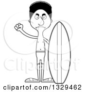 Lineart Clipart Of A Cartoon Black And White Angry Tall Skinny Black Man Surfer Royalty Free Outline Vector Illustration