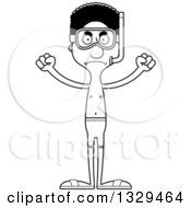 Lineart Clipart Of A Cartoon Black And White Angry Tall Skinny Black Man In Snorkel Gear Royalty Free Outline Vector Illustration