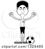 Lineart Clipart Of A Cartoon Black And White Angry Tall Skinny Black Man Soccer Player Royalty Free Outline Vector Illustration