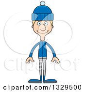 Cartoon Happy Tall Skinny White Man In Winter Clothes