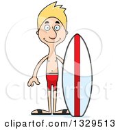Poster, Art Print Of Cartoon Happy Tall Skinny White Surfer Man