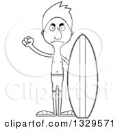 Lineart Clipart Of A Cartoon Black And White Angry Tall Skinny White Surfer Man Royalty Free Outline Vector Illustration