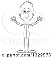 Lineart Clipart Of A Cartoon Black And White Angry Tall Skinny White Man In Footie Pajamas Royalty Free Outline Vector Illustration