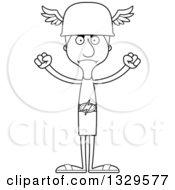 Lineart Clipart Of A Cartoon Black And White Angry Tall Skinny White Hermes Man Royalty Free Outline Vector Illustration