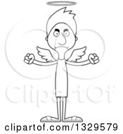Lineart Clipart Of A Cartoon Black And White Angry Tall Skinny White Angel Man Royalty Free Outline Vector Illustration