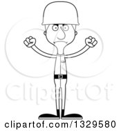 Lineart Clipart Of A Cartoon Black And White Angry Tall Skinny White Man Army Soldier Royalty Free Outline Vector Illustration