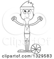 Lineart Clipart Of A Cartoon Black And White Angry Tall Skinny White Man Basketball Player Royalty Free Outline Vector Illustration