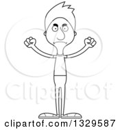 Lineart Clipart Of A Cartoon Black And White Angry Tall Skinny White Casual Man Royalty Free Outline Vector Illustration