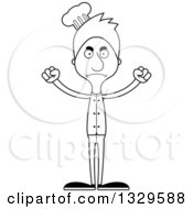 Lineart Clipart Of A Cartoon Black And White Angry Tall Skinny White Chef Man Royalty Free Outline Vector Illustration