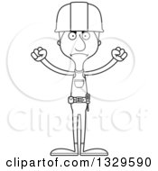 Lineart Clipart Of A Cartoon Black And White Angry Tall Skinny White Construction Worker Man Royalty Free Outline Vector Illustration