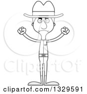 Lineart Clipart Of A Cartoon Black And White Angry Tall Skinny White Man Cowoby Royalty Free Outline Vector Illustration