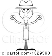 Lineart Clipart Of A Cartoon Black And White Angry Tall Skinny White Detective Man Royalty Free Outline Vector Illustration