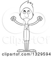 Lineart Clipart Of A Cartoon Black And White Angry Tall Skinny White Doctor Man Royalty Free Outline Vector Illustration