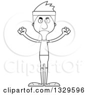 Lineart Clipart Of A Cartoon Black And White Angry Tall Skinny White Fitness Man Royalty Free Outline Vector Illustration