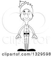 Lineart Clipart Of A Cartoon Black And White Happy Tall Skinny White Christmas Elf Man Royalty Free Outline Vector Illustration
