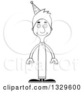 Lineart Clipart Of A Cartoon Black And White Happy Tall Skinny White Wizard Man Royalty Free Outline Vector Illustration
