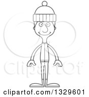 Lineart Clipart Of A Cartoon Black And White Happy Tall Skinny White Man In Winter Clothes Royalty Free Outline Vector Illustration