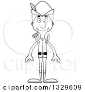 Lineart Clipart Of A Cartoon Black And White Happy Tall Skinny White Robin Hood Man Royalty Free Outline Vector Illustration