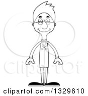 Lineart Clipart Of A Cartoon Black And White Happy Tall Skinny White Scientist Man Royalty Free Outline Vector Illustration