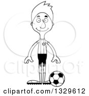 Lineart Clipart Of A Cartoon Black And White Happy Tall Skinny White Man Soccer Player Royalty Free Outline Vector Illustration